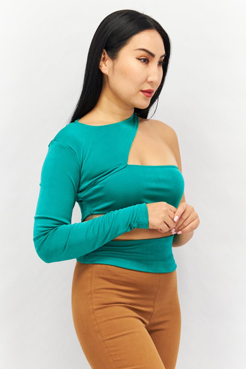 NA-KD Women Round Neck One Shoulder Sleeves Cut Out Shirt, Green - Image 2