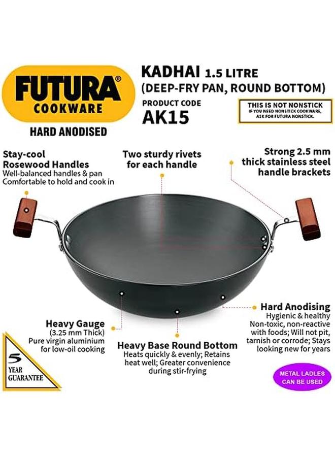 هوكينز مقلاة عميقة مؤكسدة صلبة من فوتورا، قاعدة مستديرة من كادهاي بدون غطاء، سعة 1.5 لتر، أسود - Image 2