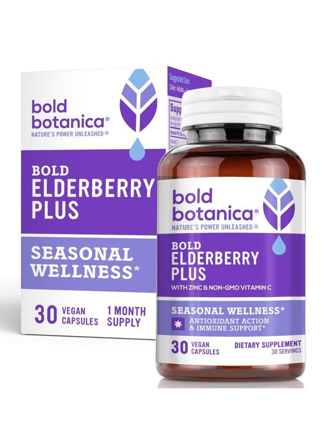 Bold Botanica Elderberry Plus - 65x Concentrated Black Elderberry Extract with Zinc & Vitamin C for Daily Immune Support & Seasonal Wellness - Non-GMO, 30 Vegan Capsules - Image 1