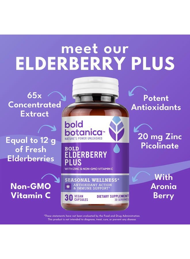 Bold Botanica Elderberry Plus - 65x Concentrated Black Elderberry Extract with Zinc & Vitamin C for Daily Immune Support & Seasonal Wellness - Non-GMO, 30 Vegan Capsules - Image 2