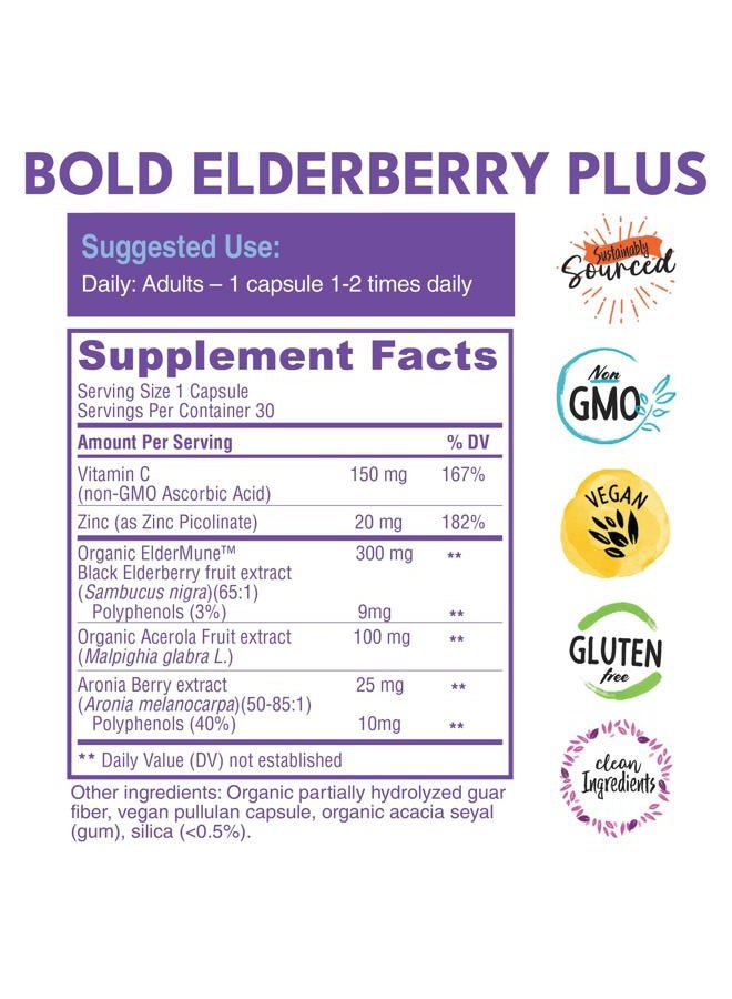 Bold Botanica Elderberry Plus - 65x Concentrated Black Elderberry Extract with Zinc & Vitamin C for Daily Immune Support & Seasonal Wellness - Non-GMO, 30 Vegan Capsules - Image 4