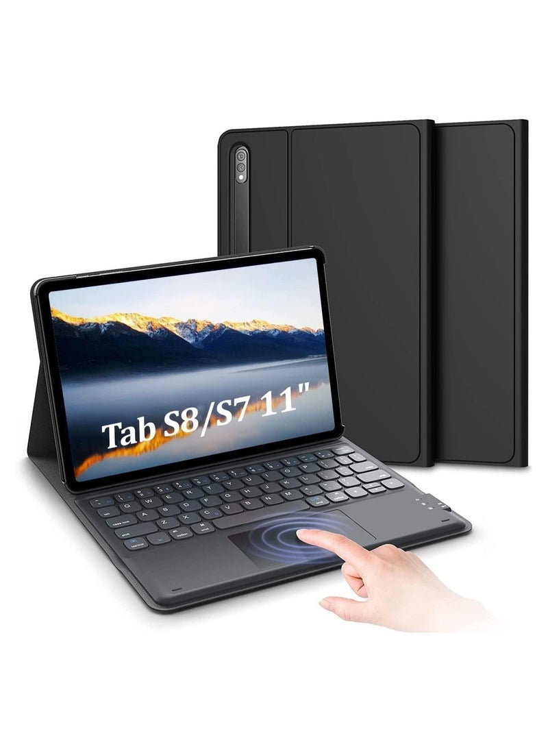 حافظة لوحة مفاتيح Galaxy Tab S8، لوحة لمس مع فتحة لقلم S، لجهاز Samsung Galaxy Tab S8 / S7 بحجم 11 بوصة، لوحة مفاتيح بلوتوث قابلة للشحن وقابلة للفصل، غلاف رقيق من PU - Image 1