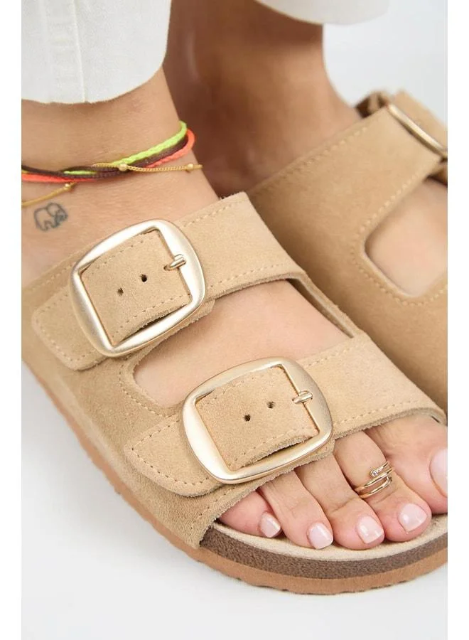 Manijero  Irene Women's Genuine Leather Double Buckle Sand Slippers - Beige for Women | Best Price UAE
