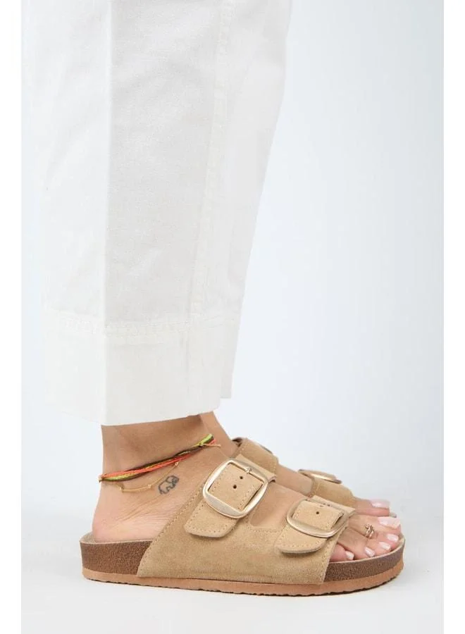 Manijero  Irene Women's Genuine Leather Double Buckle Sand Slippers - Beige for Women | Best Price UAE