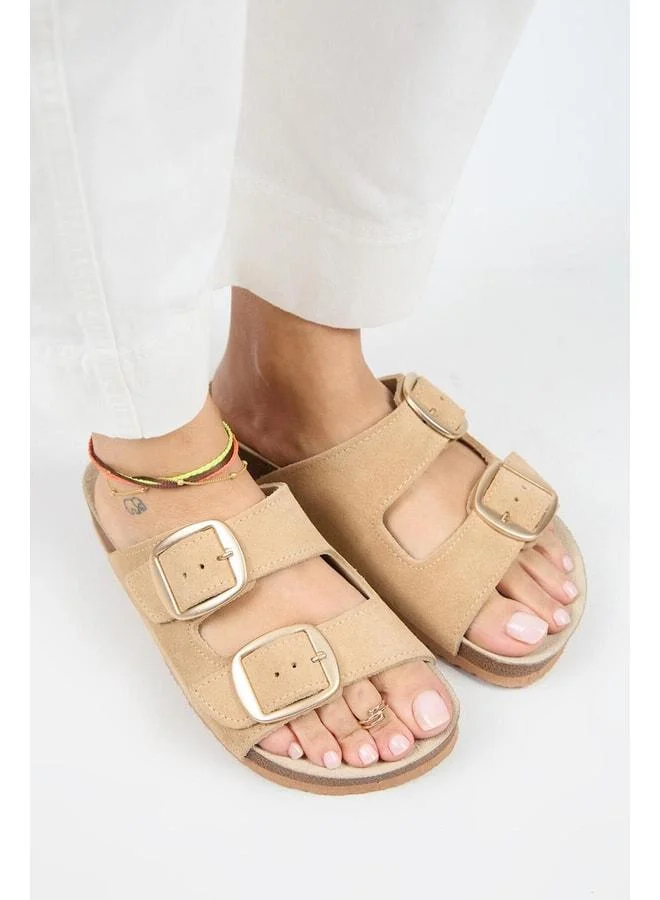 Irene Women's Genuine Leather Double Buckle Sand Slippers - Beige