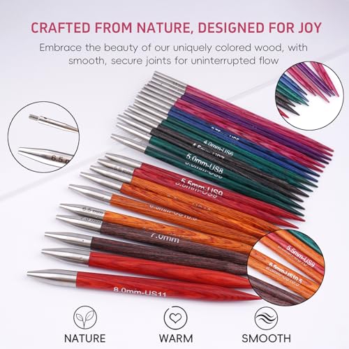 Weabetfu Interchangeable Knitting Needle Set Birch Wood Circular Needles with Cable 12 Pairs 3mm-10mm Round Knitting Needle - Image 4