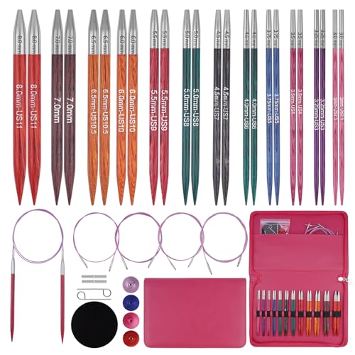 Weabetfu Interchangeable Knitting Needle Set Birch Wood Circular Needles with Cable 12 Pairs 3mm-10mm Round Knitting Needle - Image 1