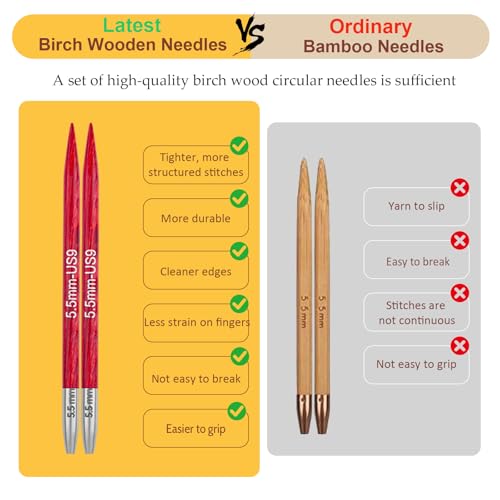 Weabetfu Interchangeable Knitting Needle Set Birch Wood Circular Needles with Cable 12 Pairs 3mm-10mm Round Knitting Needle - Image 3
