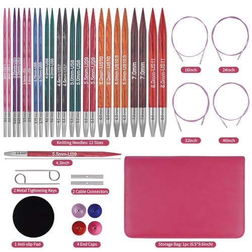 Weabetfu Interchangeable Knitting Needle Set Birch Wood Circular Needles with Cable 12 Pairs 3mm-10mm Round Knitting Needle - Image 2