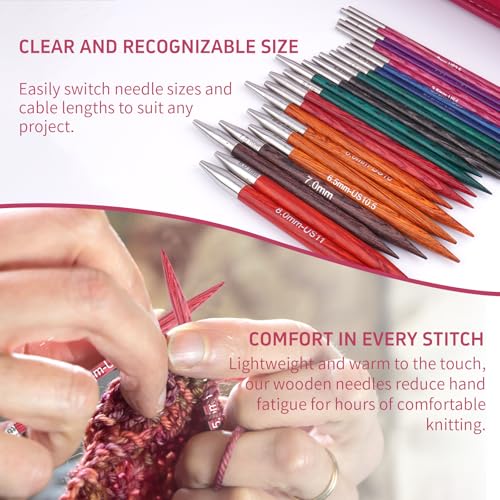 Weabetfu Interchangeable Knitting Needle Set Birch Wood Circular Needles with Cable 12 Pairs 3mm-10mm Round Knitting Needle - Image 5