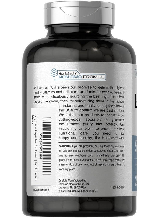 Horbaach Horbäach L Tyrosine 500mg Capsules | 200 Count | Free Form | Non GMO, Gluten Free Supplement  - Image 3