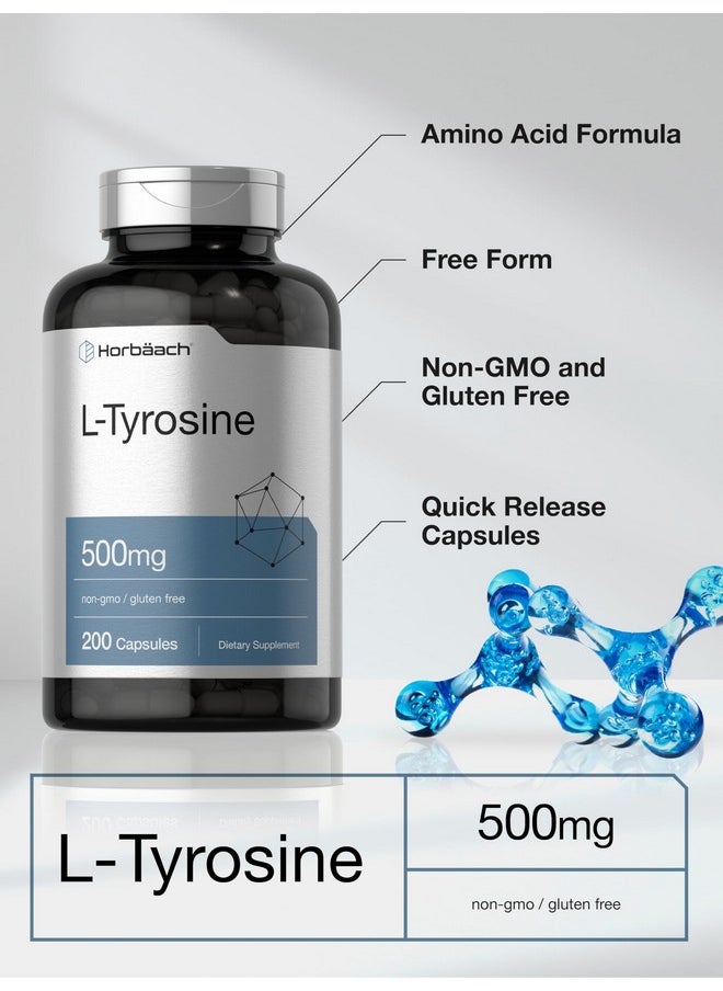 Horbaach Horbäach L Tyrosine 500mg Capsules | 200 Count | Free Form | Non GMO, Gluten Free Supplement  - Image 4