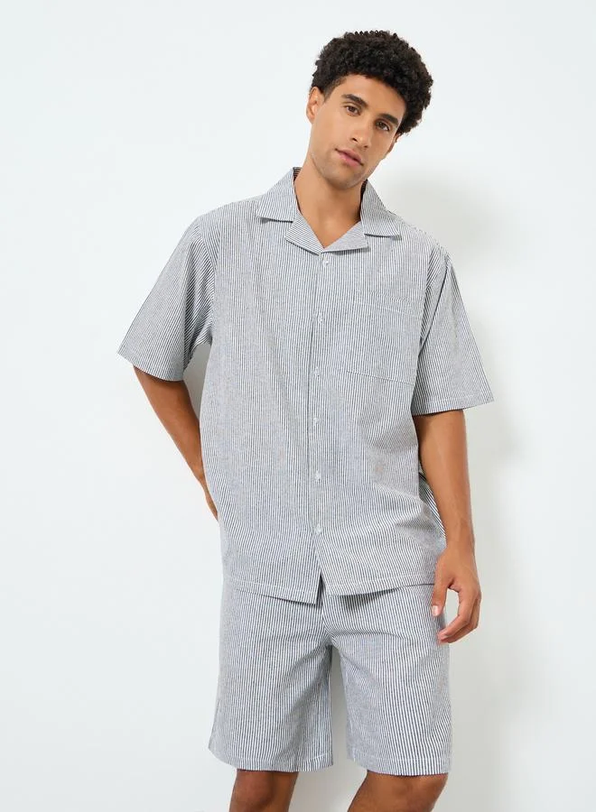 Men Grey Striped Relaxed Shirt and Shorts Set