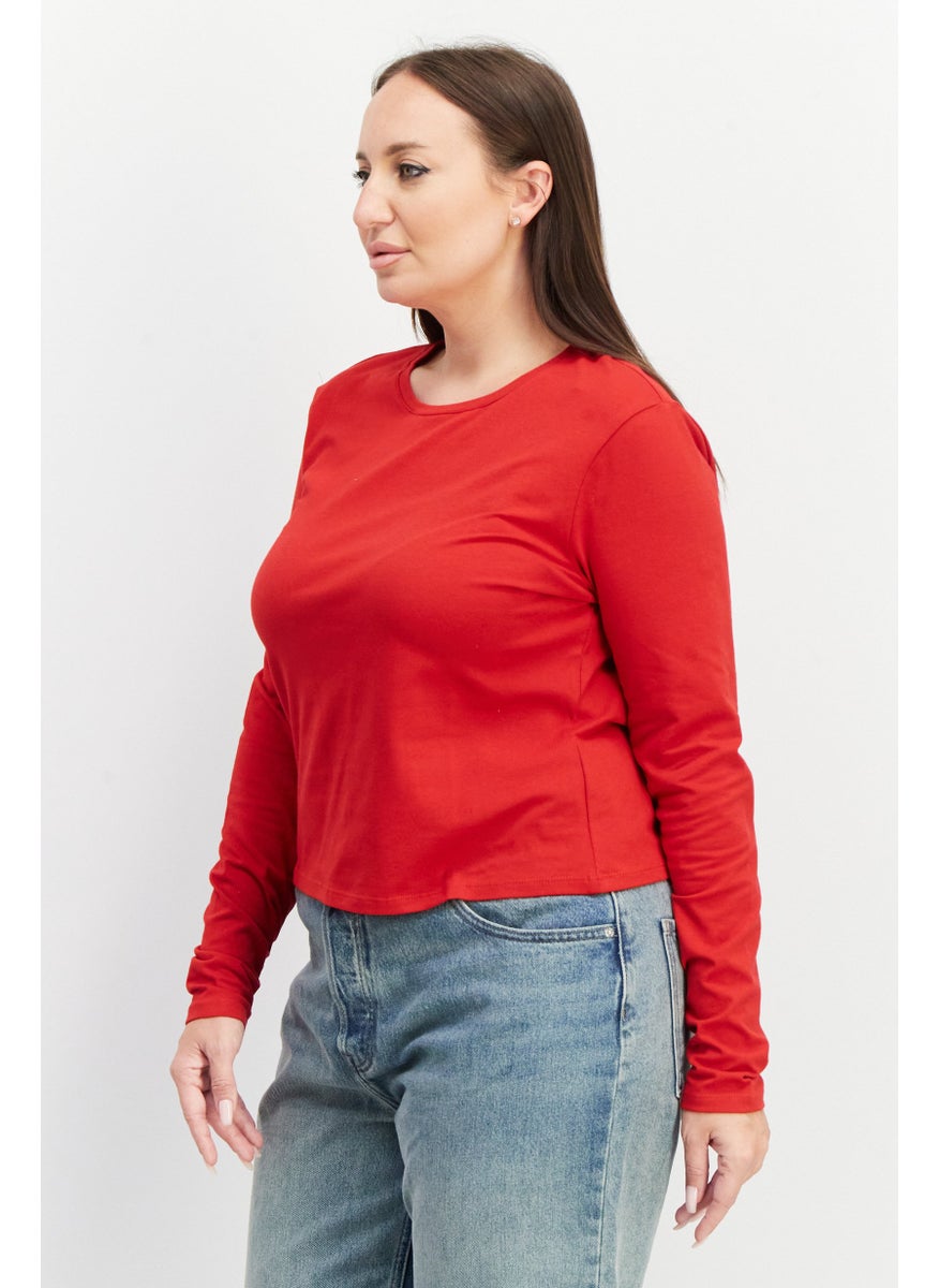 NA-KD - Women Round Neck Long Sleeve Plain Top, Red - Image 1
