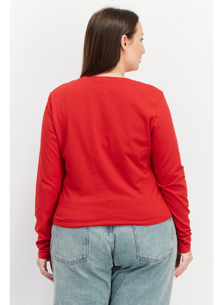NA-KD - Women Round Neck Long Sleeve Plain Top, Red - Image 1