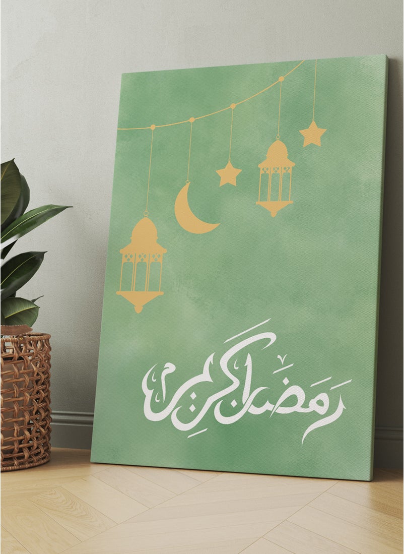LOWHA Canvas Wall Art Stretched Over Wooden Frame for Ramadan with Ramdan Kareem on Green Background  - Image 1