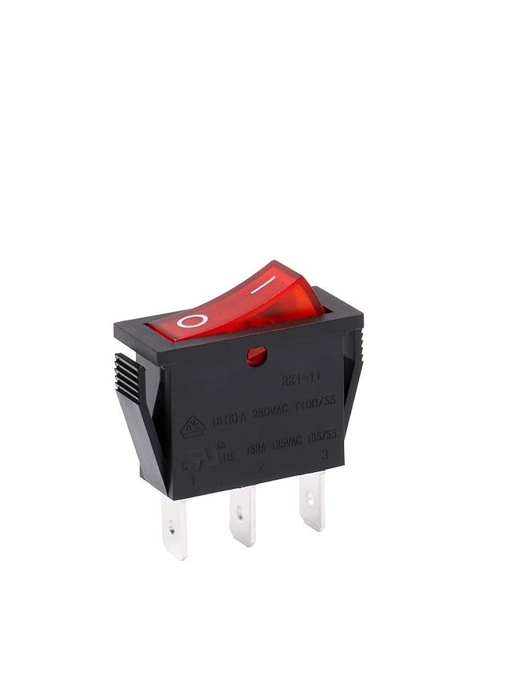 KNP RK1-12-HS Heschen Rocker Switch is a durable and reliable ON-OFF switch designed for various applications Featuring a robust SPST (Single Pole Single Throw) configuration with three terminals it includes a red light indicator for clear operational status. - Image 2