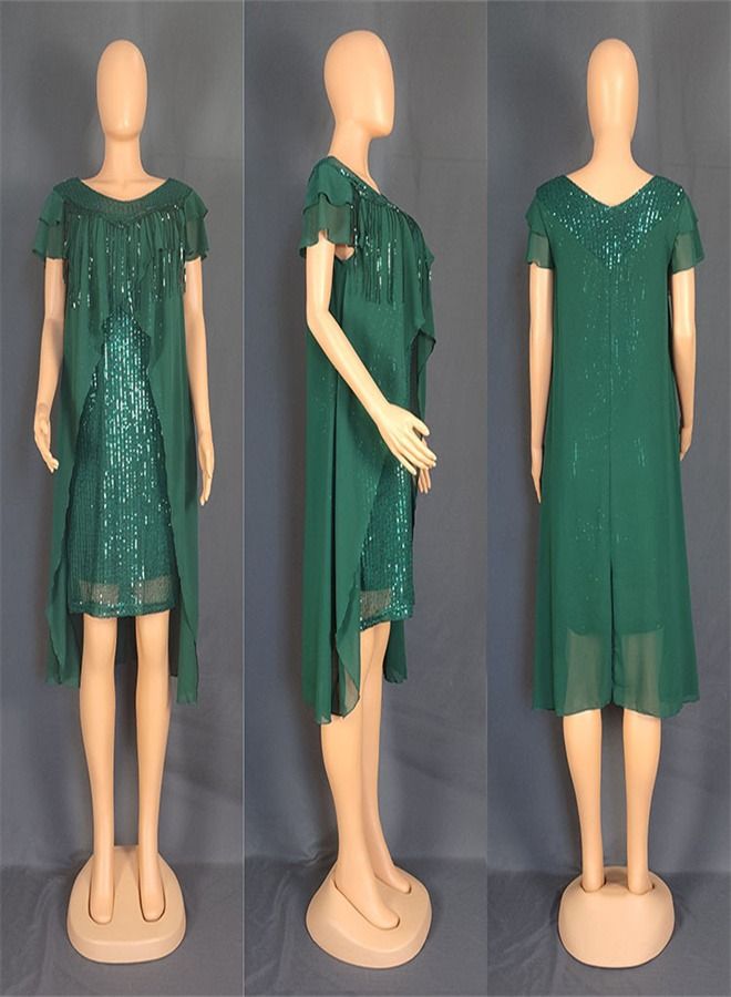Loquat Solid Chiffon Fringe Sequin Dress Green 