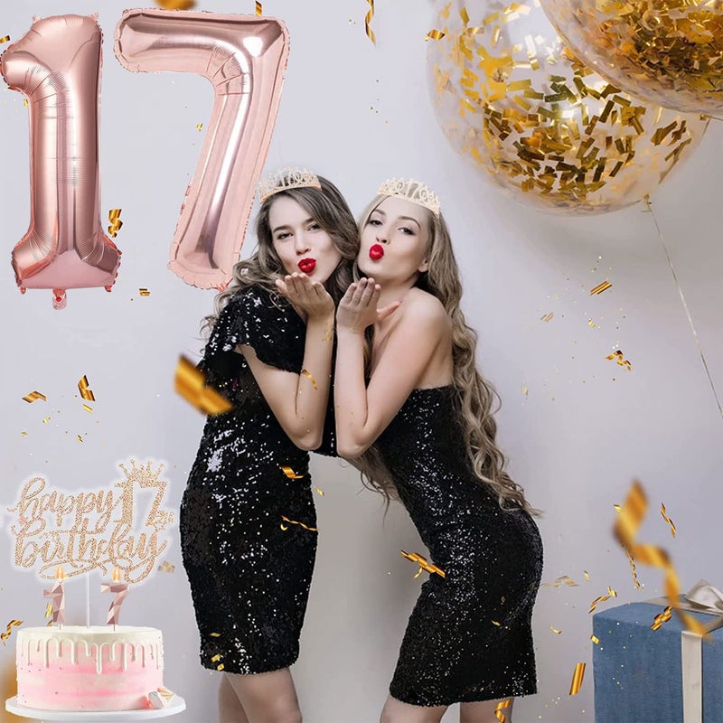 8 قطع من زينة عيد الميلاد السابع عشر للفتيات، بما في ذلك زينة كعكة عيد الميلاد بعمر 17 عامًا، وشاح الملكة لعيد الميلاد مع دبوس لؤلؤي، مجموعة من الشموع والبالونات برقم تاج من حجر الراين الحلو، باللون الذهبي الوردي - Image 5