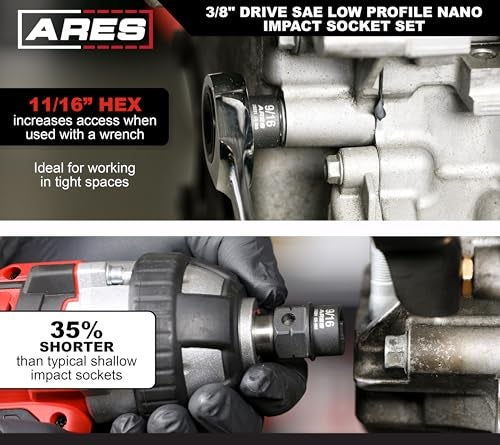 ARES 29019 – 10-Piece 3/8-Inch Drive SAE Low Profile Nano Impact Socket Set – Impact Grade Sockets Offer Greater Clearance Than Typical Shallow Sockets – Includes Aluminum Storage Rail - Image 2