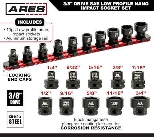 ARES 29019 – 10-Piece 3/8-Inch Drive SAE Low Profile Nano Impact Socket Set – Impact Grade Sockets Offer Greater Clearance Than Typical Shallow Sockets – Includes Aluminum Storage Rail - Image 3