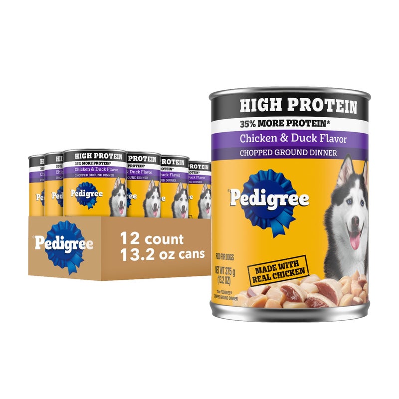 Pedigree High Protein Adult Soft Wet Dog Food, Chopped Chicken & Duck Flavor, 13.2 oz. Cans 12 Count - Image 1