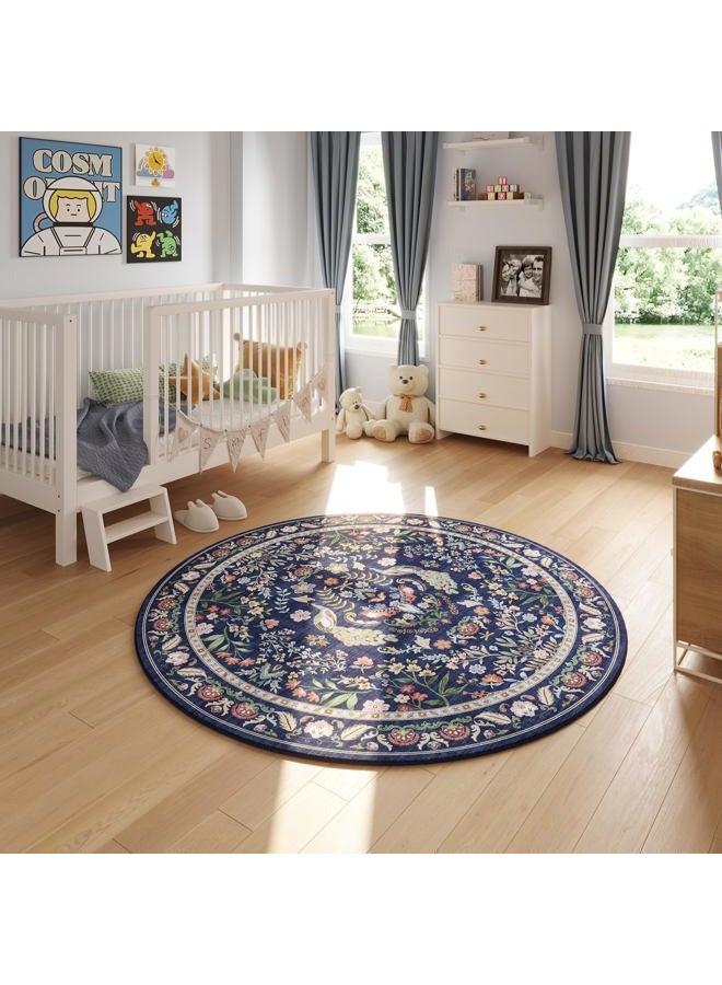 Rugcomf Round Rug 4ft Washable Circle Rug Floral Non Slip Low Pile Small Circular Rug for Bedroom, Bathroom, Entryway, Kids Room, Office(Blue) - Image 3