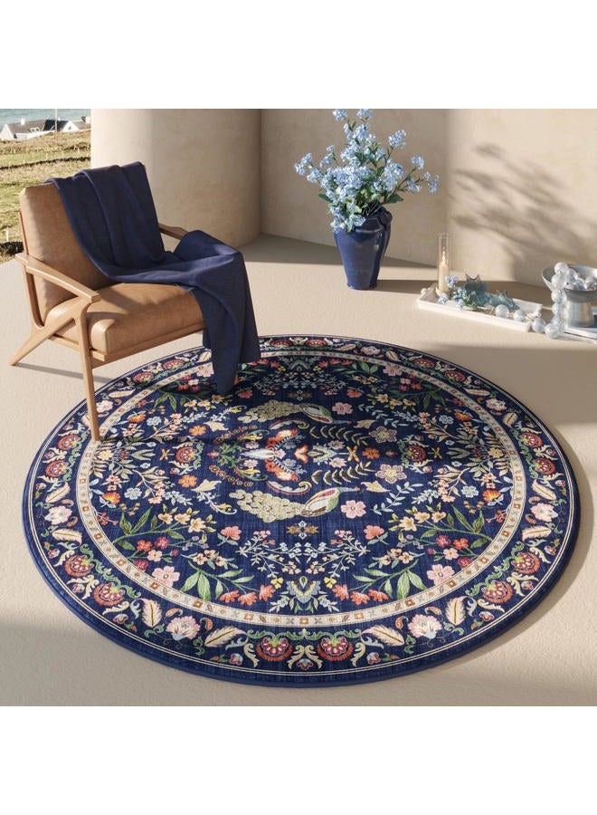 Rugcomf Round Rug 4ft Washable Circle Rug Floral Non Slip Low Pile Small Circular Rug for Bedroom, Bathroom, Entryway, Kids Room, Office(Blue) - Image 1