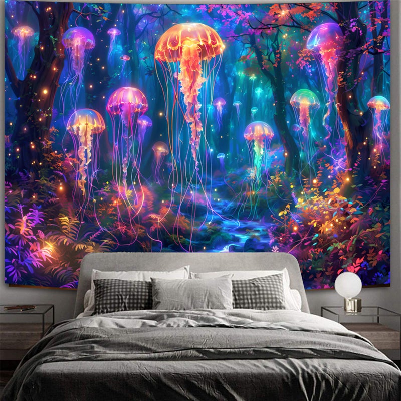 Simpkeely Blacklight Jellyfish Forest Tapestry, UV Reactive Fantasy Vibrant Neon Art Decor, Glow in the Dark Aquatic Life Wall Hanging Tapestries for Bedroom, Living Room - 51.2" x 59.1" - Image 4