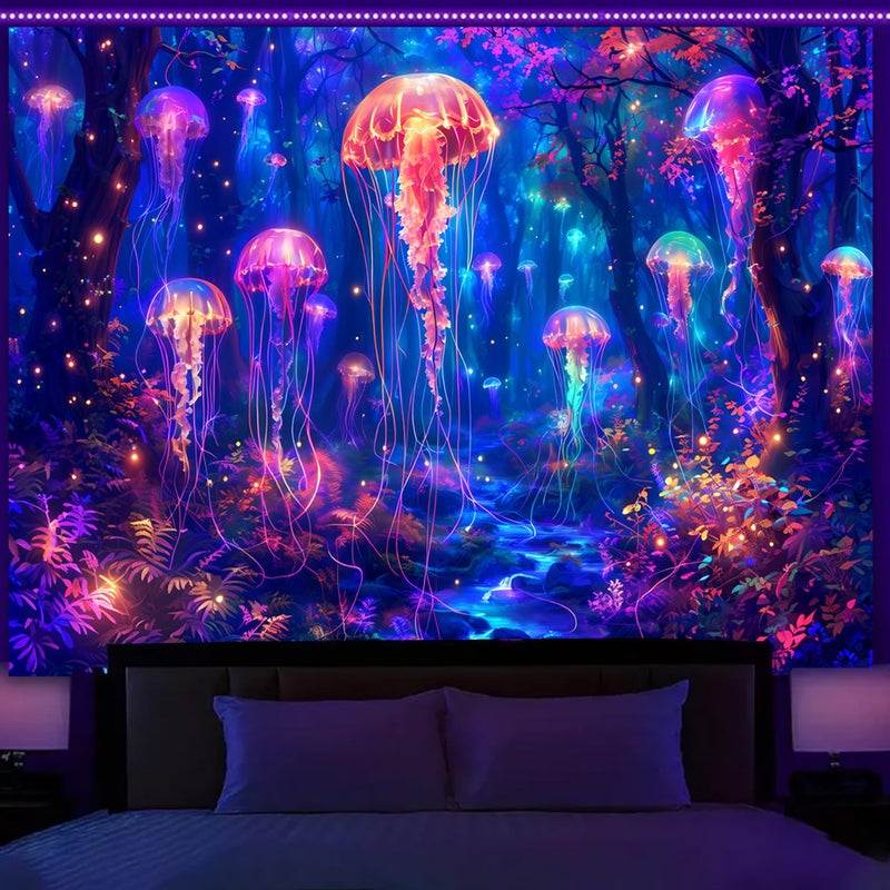 Simpkeely Blacklight Jellyfish Forest Tapestry, UV Reactive Fantasy Vibrant Neon Art Decor, Glow in the Dark Aquatic Life Wall Hanging Tapestries for Bedroom, Living Room - 51.2" x 59.1" - Image 1