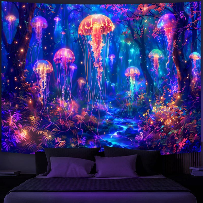 Simpkeely Blacklight Jellyfish Forest Tapestry, UV Reactive Fantasy Vibrant Neon Art Decor, Glow in the Dark Aquatic Life Wall Hanging Tapestries for Bedroom, Living Room - 51.2" x 59.1" - Image 3