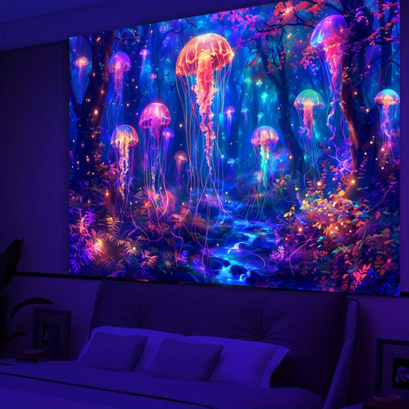 Simpkeely Blacklight Jellyfish Forest Tapestry, UV Reactive Fantasy Vibrant Neon Art Decor, Glow in the Dark Aquatic Life Wall Hanging Tapestries for Bedroom, Living Room - 51.2" x 59.1" - Image 2
