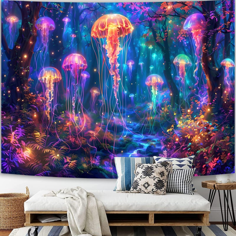 Simpkeely Blacklight Jellyfish Forest Tapestry, UV Reactive Fantasy Vibrant Neon Art Decor, Glow in the Dark Aquatic Life Wall Hanging Tapestries for Bedroom, Living Room - 51.2" x 59.1" - Image 5