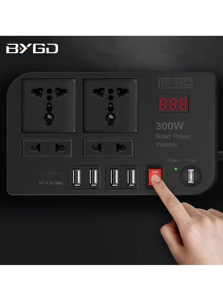 BYGD 300W Car Power Inverter – Converts 12V/24V DC to 220V AC with Dual Universal Power Sockets, 4 USB Fast Charging Ports, Real-Time LED Display, Overload & Short-Circuit Protection – Ideal for Travel, Camping, Emergency Backup Power - Image 1