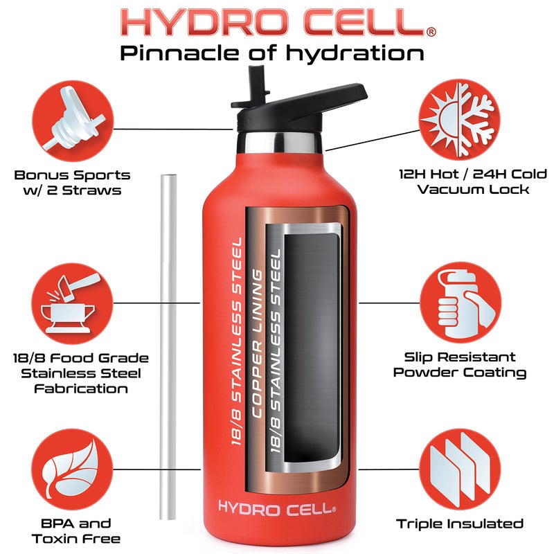 HYDRO CELL Stainless Steel Water Bottle with Straw & 2 Standard Mouth Lids (32oz 24oz 20oz 16oz) Keeps Liquids Hot or Cold w/Double Wall Vacuum Insulated Leak Proof Sport Design (Red 32oz) - Image 3