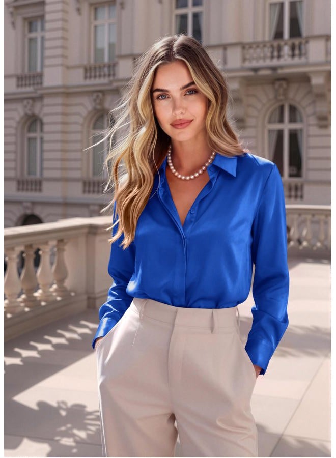 zeagoo Satin Blouses for Women Casual Long Sleeve Button Down Silk Shirts Dressy Business Work Tunic Top, Sapphire Blue, XL - Image 4