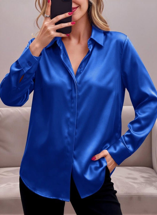 zeagoo Satin Blouses for Women Casual Long Sleeve Button Down Silk Shirts Dressy Business Work Tunic Top, Sapphire Blue, XL - Image 5