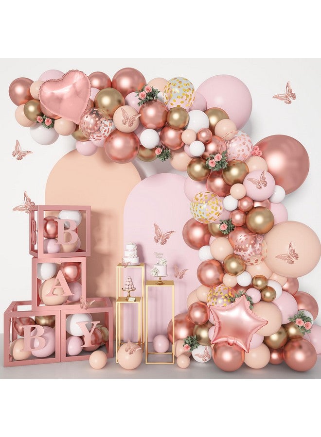 Amandir 135Pcs Rose Gold Balloons Girl Baby Shower Decorations Baby Boxes, Butterfly Stickers Balloon Garland Arch Kit Baby Box With Letter (A-Z+Baby) For Wedding Bridal Birthday Party Decoration - Image 1