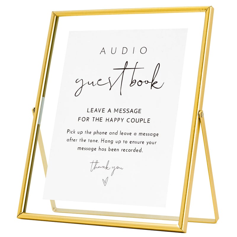Calculs كتاب ضيوف صوتي لحفل الزفاف مع حامل علامة ذهبية وعلامة ترحيب لزاوية التصوير إطارات صور عائمة معدنية زجاجية 10x8 بوصة لتزيين طاولة الحفلات