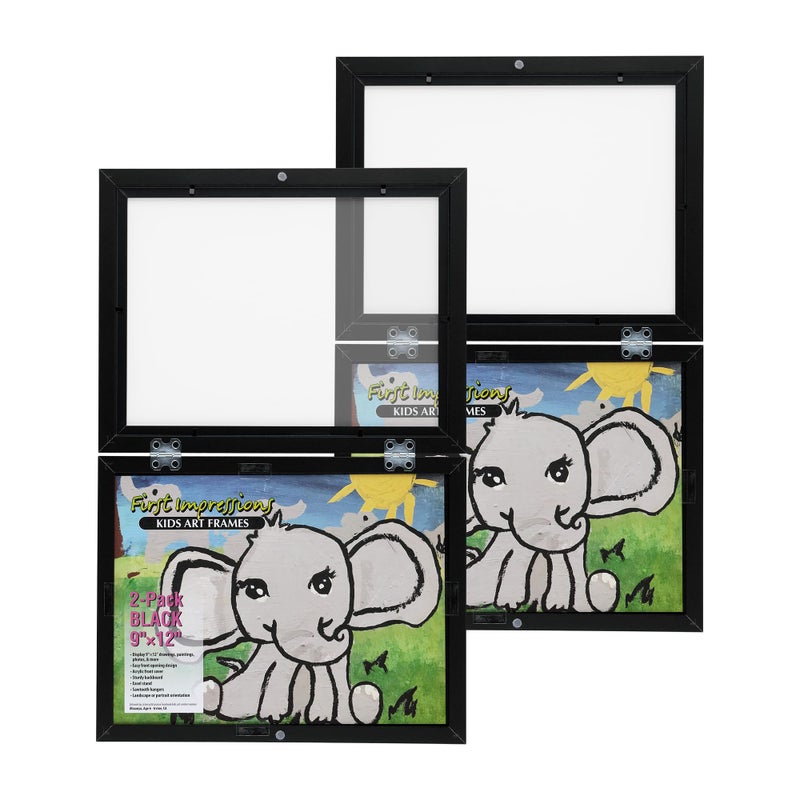 First Impressions Quick Change Art Frame  9x12 Black Pack of 2 Unique FrontLoad Hinged Artwork Frames for Young Artists  HorizontalVertical Display Plexiglass made to last without yellowing