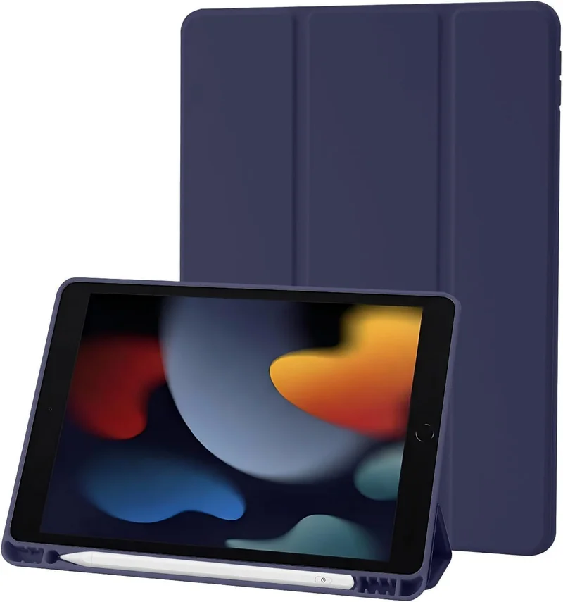 بلو بيك جراب iPad 10.2 متوافق مع الجيل التاسع/الثامن/السابع من iPad - غطاء حماية ثلاثي الطي مع حامل قلم، خاصية التشغيل/الإيقاف التلقائي، جراب ذكي - أزرق داكن