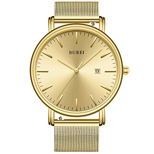 BUREI Men's Fashion Minimalist Wrist Watch Waterproof Watches Simple Ultra Thin Watches Analog Quartz Date with Stainless Steel Mesh Band(All Golden) - Image 1