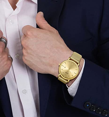 BUREI Men's Fashion Minimalist Wrist Watch Waterproof Watches Simple Ultra Thin Watches Analog Quartz Date with Stainless Steel Mesh Band(All Golden) - Image 5
