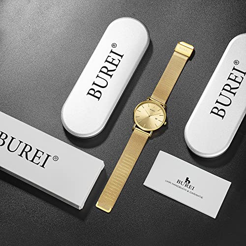 BUREI Men's Fashion Minimalist Wrist Watch Waterproof Watches Simple Ultra Thin Watches Analog Quartz Date with Stainless Steel Mesh Band(All Golden) - Image 4