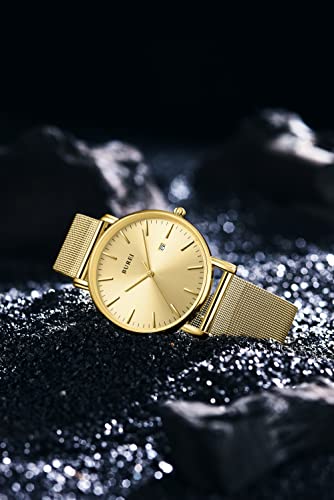BUREI Men's Fashion Minimalist Wrist Watch Waterproof Watches Simple Ultra Thin Watches Analog Quartz Date with Stainless Steel Mesh Band(All Golden) - Image 3