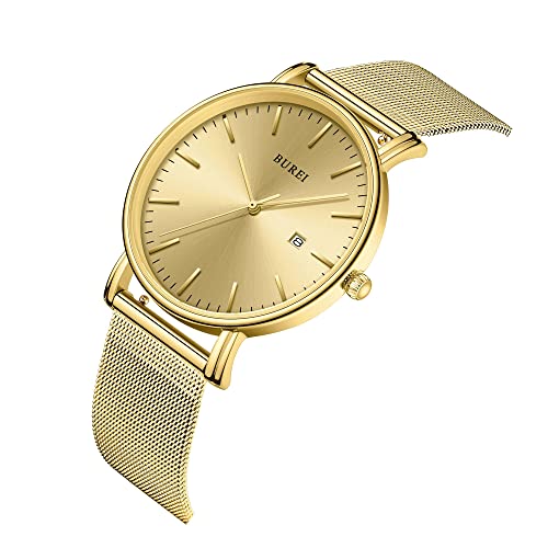 BUREI Men's Fashion Minimalist Wrist Watch Waterproof Watches Simple Ultra Thin Watches Analog Quartz Date with Stainless Steel Mesh Band(All Golden) - Image 2