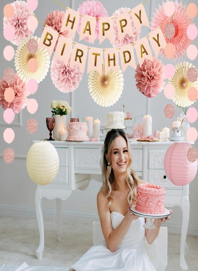 FETETIJD Blush Pink Birthday Decorations Girl Dusty Pink Beige Birthday Decorations Paper Pom Poms Fans Paper Lanterns Neutral Western Party Decor - Image 5