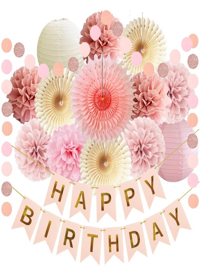 FETETIJD Blush Pink Birthday Decorations Girl Dusty Pink Beige Birthday Decorations Paper Pom Poms Fans Paper Lanterns Neutral Western Party Decor - Image 1