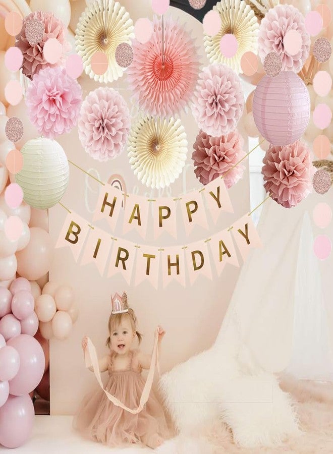 FETETIJD Blush Pink Birthday Decorations Girl Dusty Pink Beige Birthday Decorations Paper Pom Poms Fans Paper Lanterns Neutral Western Party Decor - Image 4