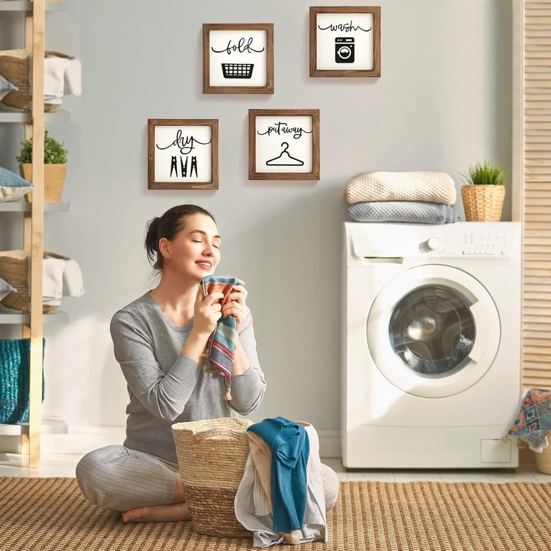 Laundry Room Decor for Wall Farmhouse Laundry Signs Set of 4 Wash Dry Fold Put Away Rustic Laundry Decor for Laundry Room Shelf Laundry Wall Art with Wood Frame Decorative Laundry Room Sign, 8'' x 8'' - Image 4
